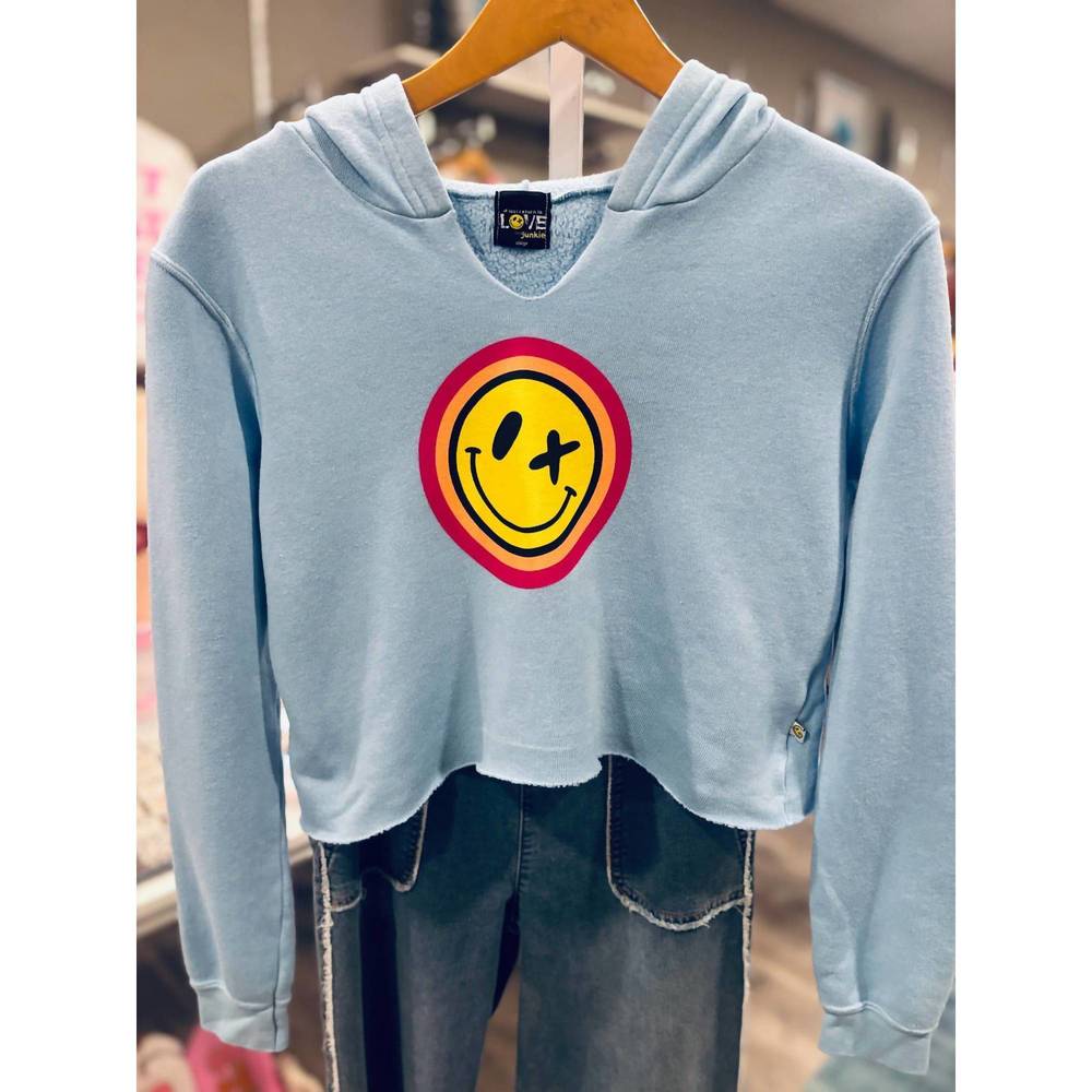 NEW LOVE JUNKIE girls' cropped hoodie with smiley face in powder blue